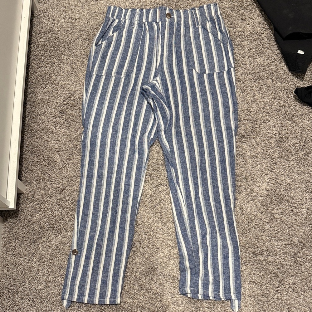 Women's Blue and White Striped Linen Pants Size L 8018